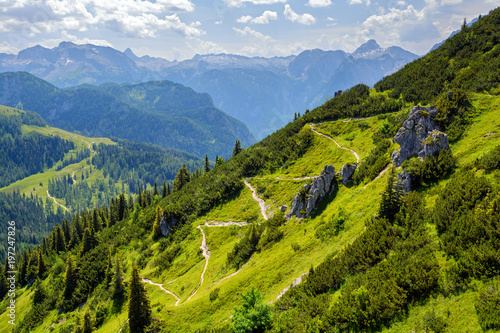 Green mountain slope, zigzag pathway 