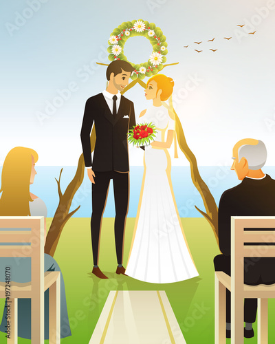 Bride And Groom. Wedding ceremony on the beach by the sea. Newlyweds, Valentines Day. vector illustration card, Love concept. Just married, summer landscape. Vintage Poster Banner. Rustic background.