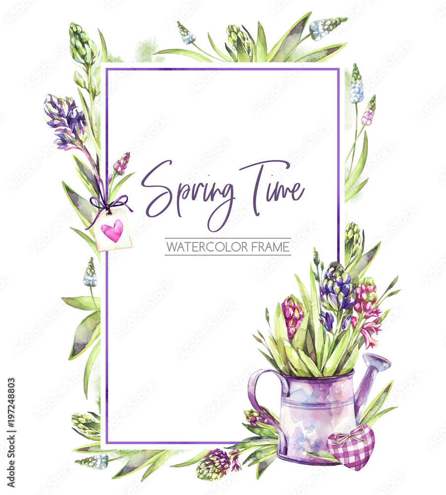 Hand painted vertical frame with Hyacinths flowers, leaves and watering can. Spring rustic watercolor illustration in violet shades. Horticulture hobby. Can be used for a poster, wedding desings.