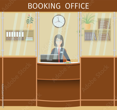 Booking office design with woman employee at the counter. Workplace of booking-clerk with clock and bookshelf.