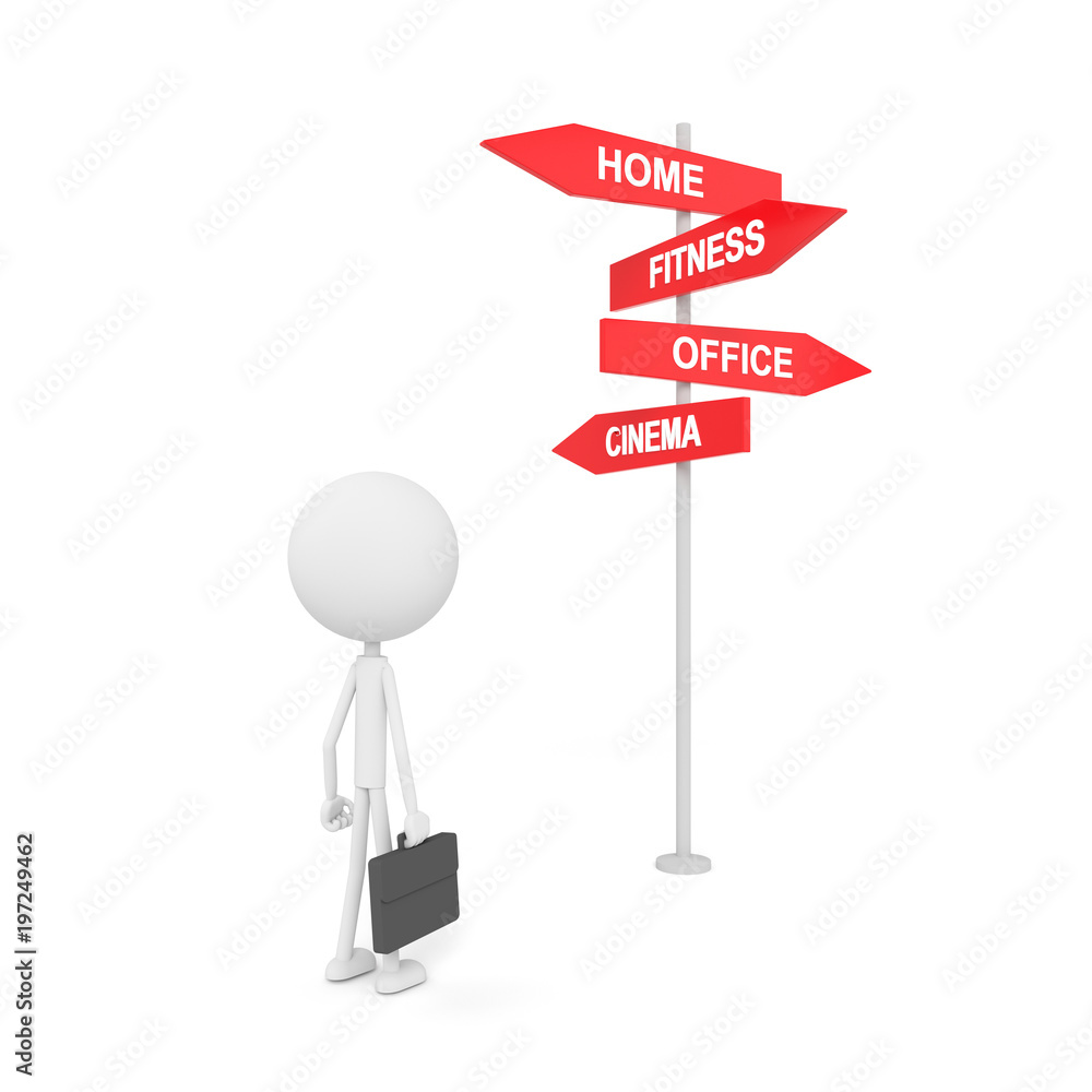 Businessman standing with the guide post. 3D rendering. Businessman standing with the guide post. 3D rendering.