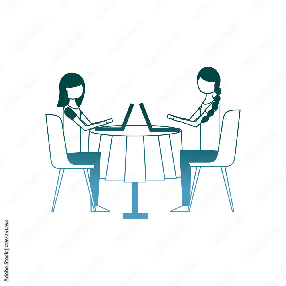 girls people sitting at the table using laptop vector illustration gradient color design