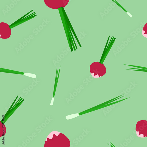 Seamless pattern of purple radish and green onion cartoon style vector illustration
