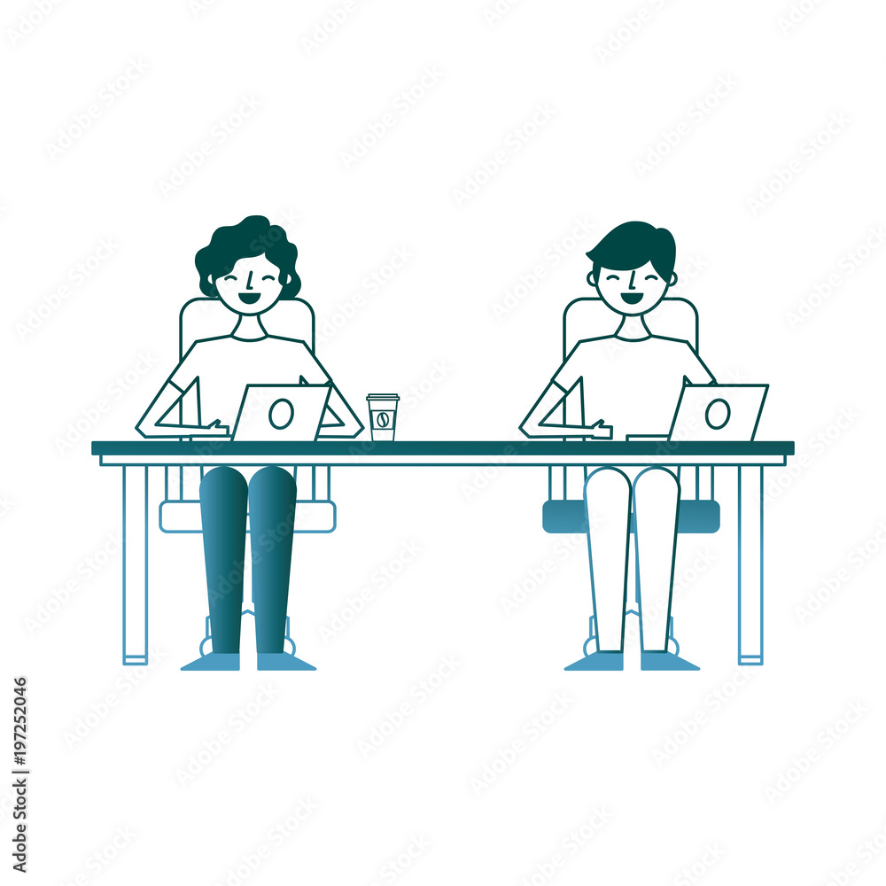 woman and man working in the laptop on table vector illustration gradient color design woman and man working in the laptop on table vector illustration gradient color design