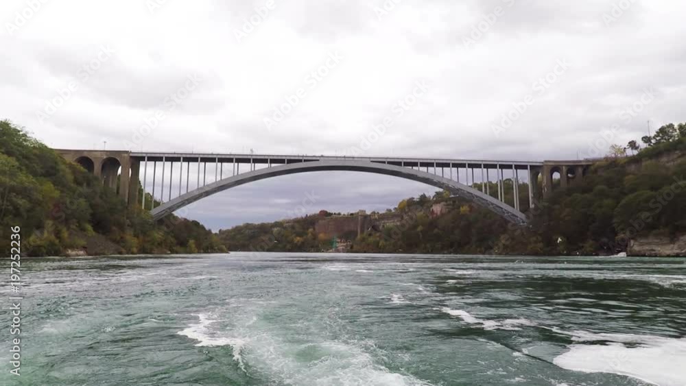 Rainbow Bridge.  The view to the Niagara Falls International Rainbow Bridge from Niagara River in Canada.  The bridge connects Canada and the United States, (hd, 25fps).