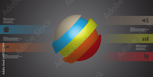 3D illustration infographic template with ball askew sliced to five shifted parts