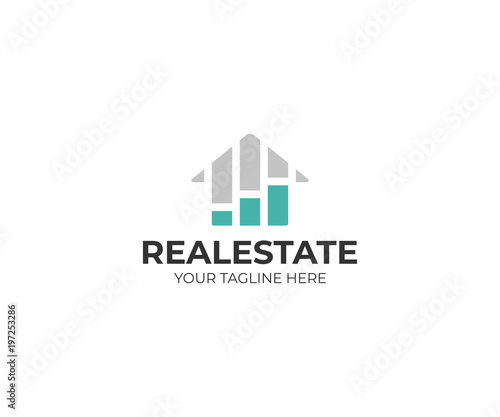 Housing market logo template. Real estate stock market vector design. Growth chart and home logotype