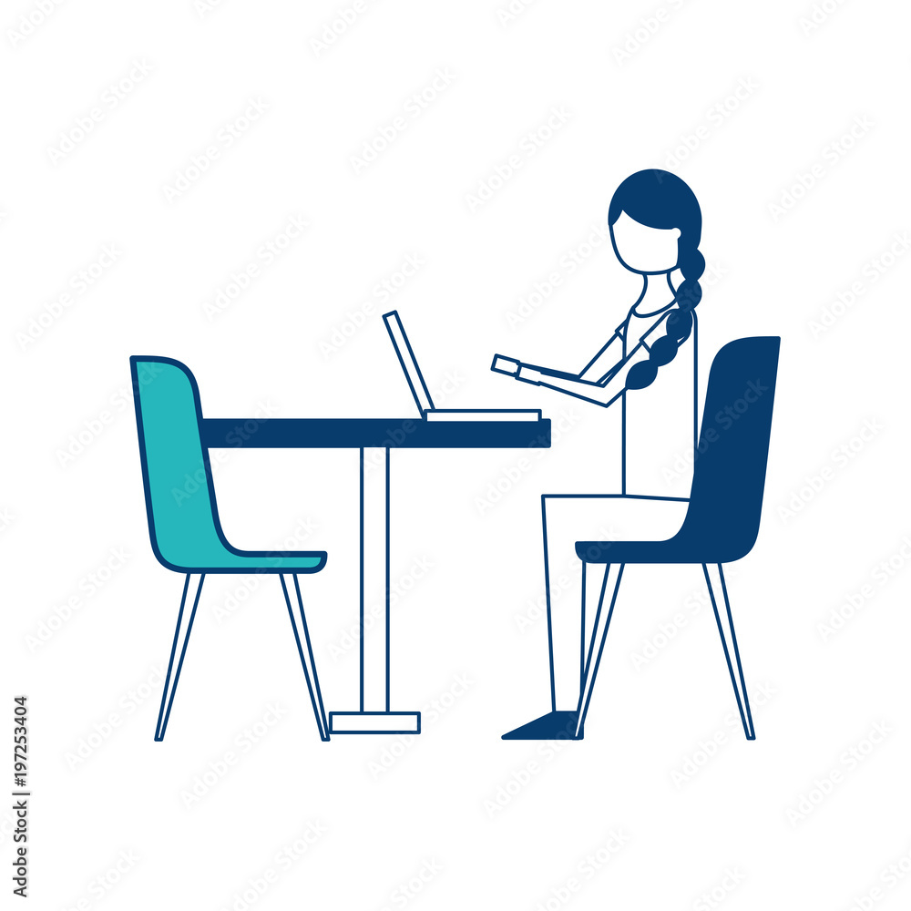 Fototapeta premium cute woman sitting in the chair typing laptop on table vector illustration green and blue design