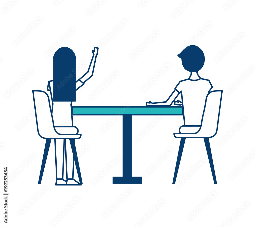 Fototapeta premium couple sitting on the chairs and table at view from the back vector illustration green and blue design