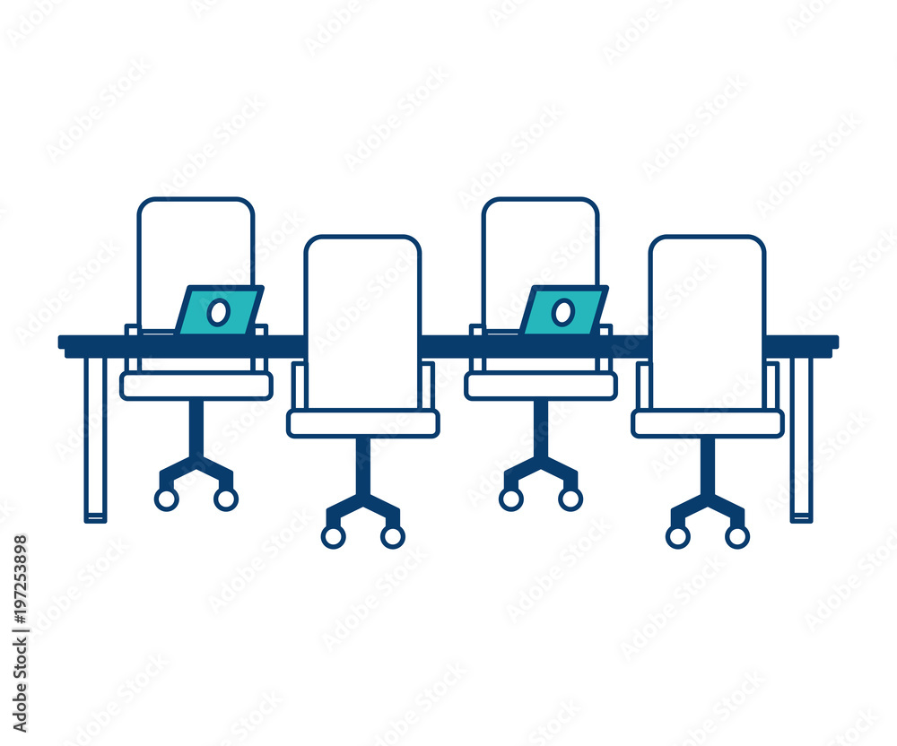 workspace meeting table chairs and laptop computers vector illustration green and blue design