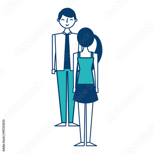 couple standing looking at each other vector illustration green and blue design