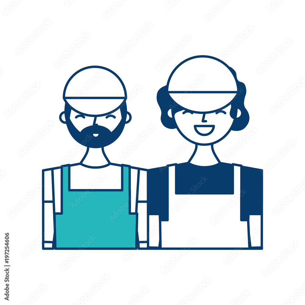 couple barista characters employees with apron and cap vector illustration green and blue design couple barista characters employees with apron and cap vector illustration green and blue design