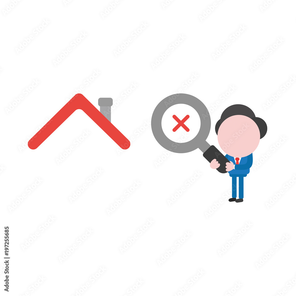 Vector illustration businessman character holding magnifier with x mark and looking, analyzing house Vector illustration businessman character holding magnifier with x mark and looking, analyzing house
