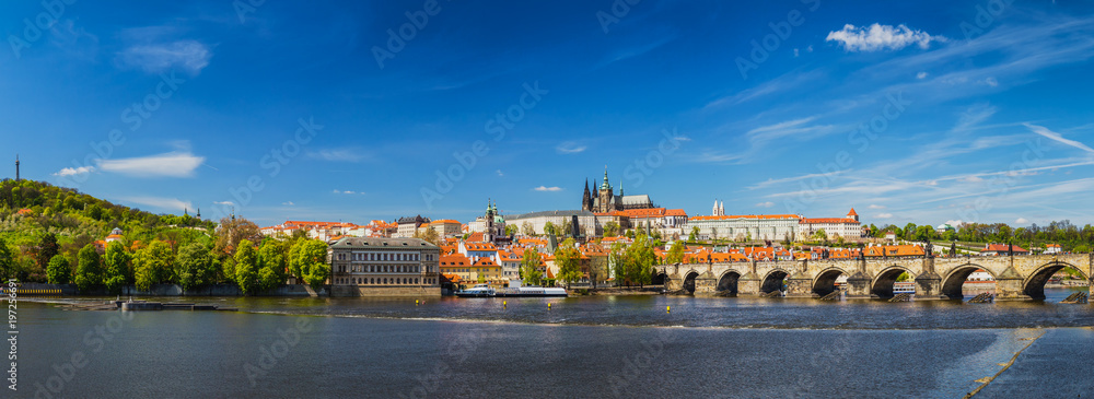 Prague panorama city skyline with Old Town, Prague Castle, Charles Bridge, St. Vitus Cathedral. Prague, Czech Republic