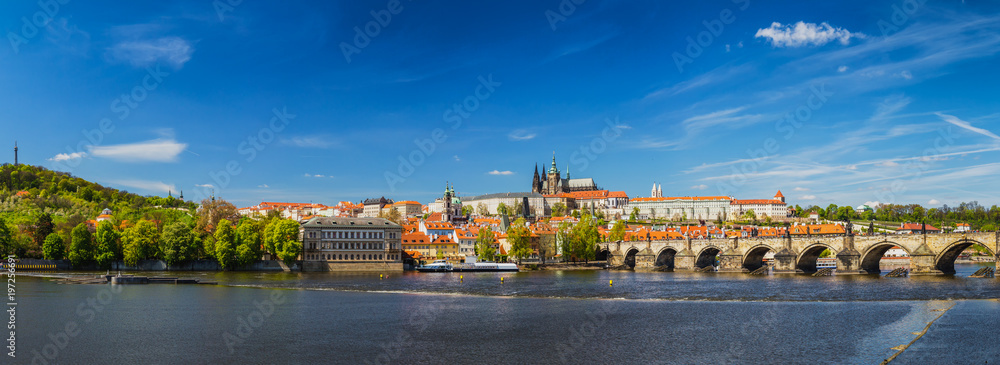 Obraz premium Prague panorama city skyline with Old Town, Prague Castle, Charles Bridge, St. Vitus Cathedral. Prague, Czech Republic