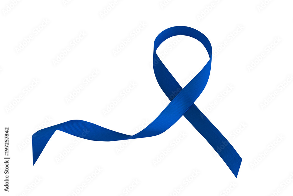 Symbol dark blue Ribbon isolated on a white background. Bowel Cancer.  National Colorectal Health Awareness Month. Stock Photo