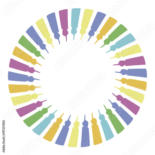 bright colored circle of hands with index fingers pointing to the center isolated on white background