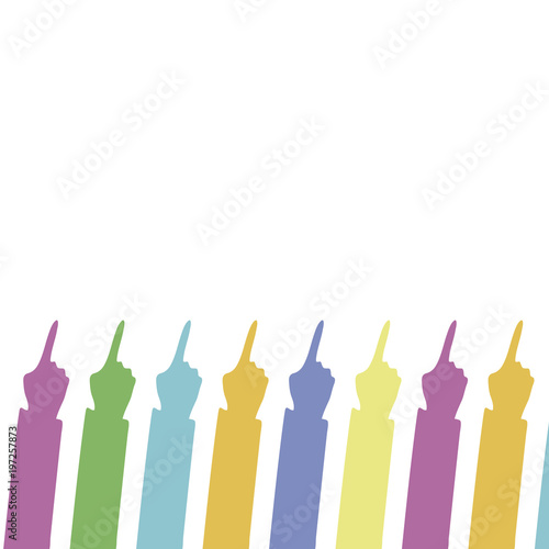 bright colored lot of hands with index fingers pointing up isolated on white background