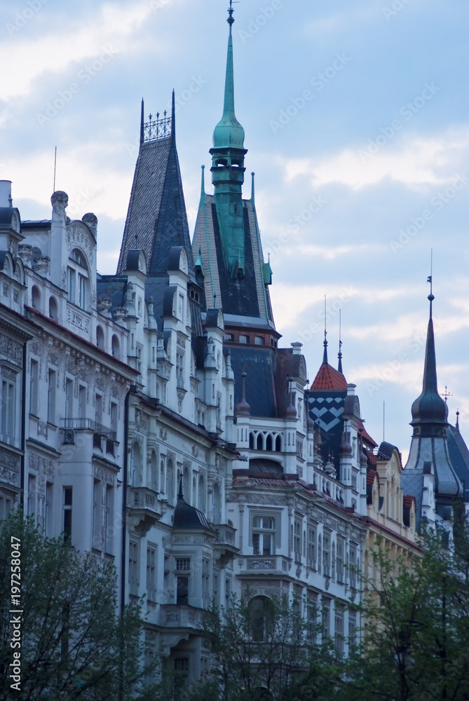The facades of beautiful old houses with turrets. Prague, Czech Republic