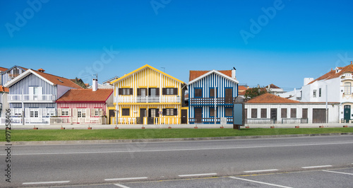 Typical colorful fishing houses of Aveiro, Idanha a nova, district of Aveiro. Portugal. Also known as the Portuguese Venice for its canals