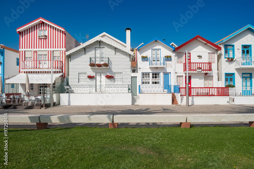 Typical colorful fishing houses of Aveiro, Idanha a nova, district of Aveiro. Portugal. Also known as the Portuguese Venice for its canals