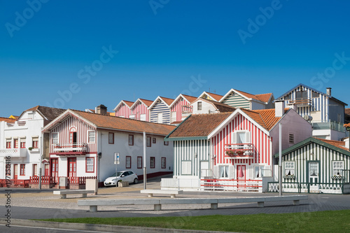 Typical colorful fishing houses of Aveiro, Idanha a nova, district of Aveiro. Portugal. Also known as the Portuguese Venice for its canals
