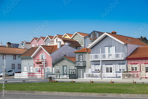 Typical colorful fishing houses of Aveiro, Idanha a nova, district of Aveiro. Portugal. Also known as the Portuguese Venice for its canals