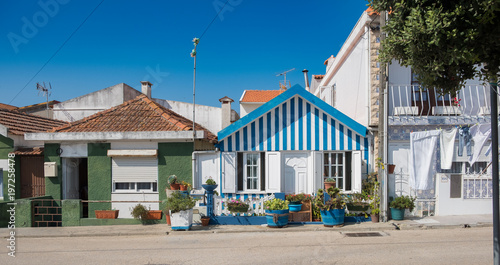 Typical colorful fishing houses of Aveiro, Idanha a nova, district of Aveiro. Portugal. Also known as the Portuguese Venice for its canals