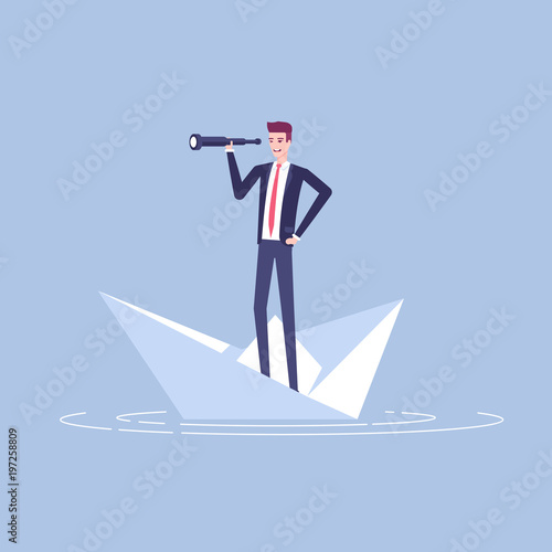 Young businessman floating on a paper boat and looking at the spyglass vector flat illustration. Business concept search of opportunity and risk.
