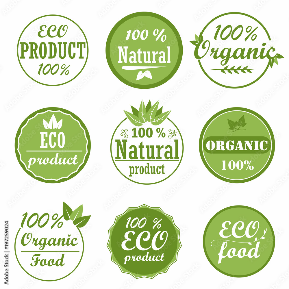 Set of healthy organic food labels and high quality product badges. Eco and natural product icons Set of healthy organic food labels and high quality product badges. Eco and natural product icons