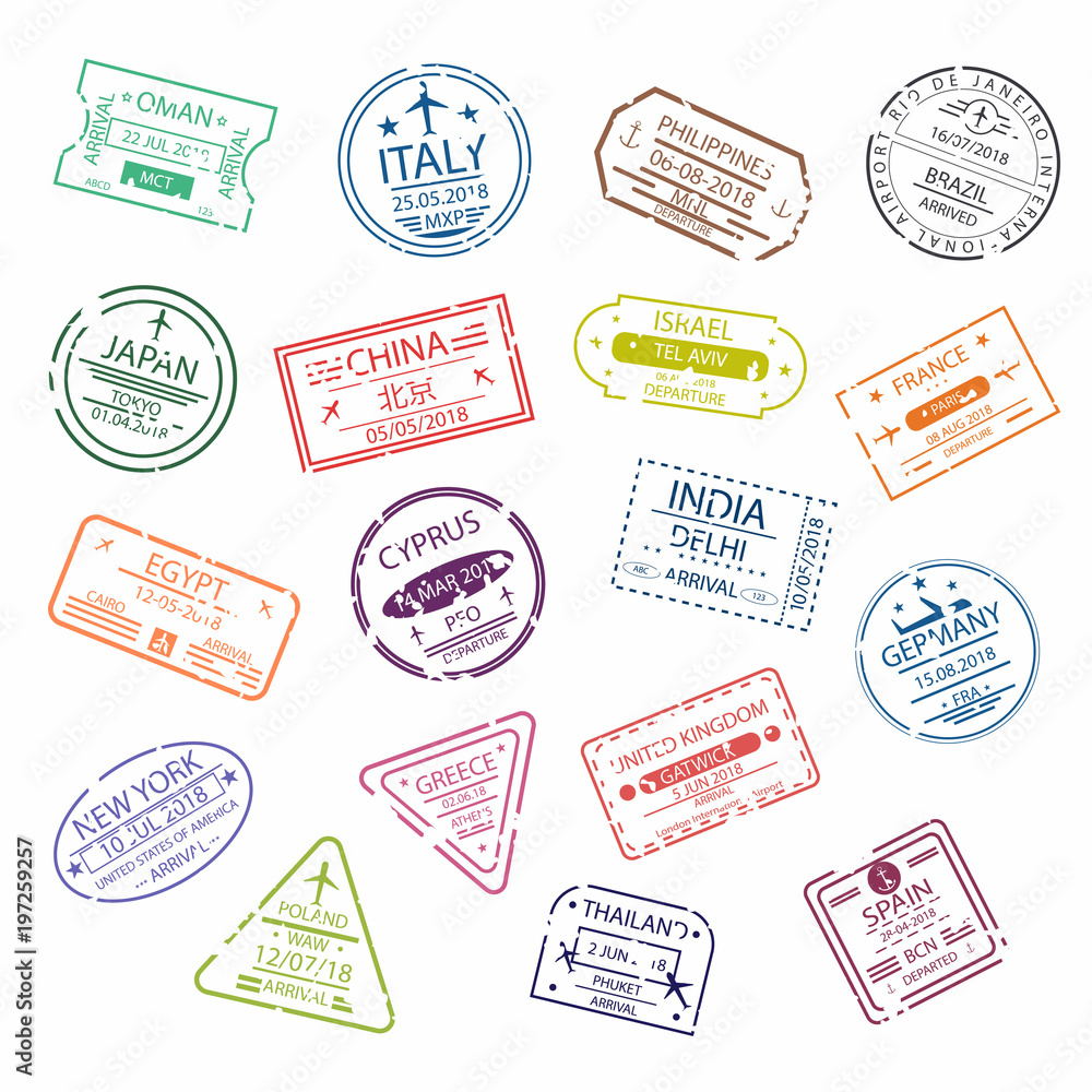 Obraz premium Passport stamp or visa signs for entry to the different countries. International Airport symbols