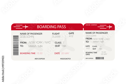 Airline ticket. Boarding pass with airplane silhouette on white background