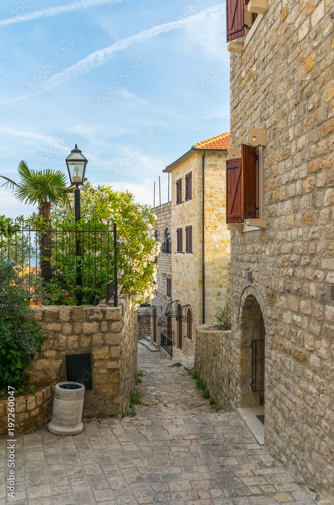 Picturesque narrow streets in the old town. Ulcinj, Montenegro.
