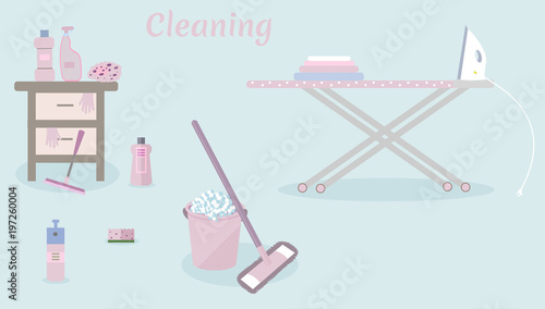 Tools for housekeeping: a pink bucket with soapy foam, MOP, bottles of detergent, sprays and a sponge, a squeegee, a table, an iron, a ironing board. Vector illustration. Cleaning 