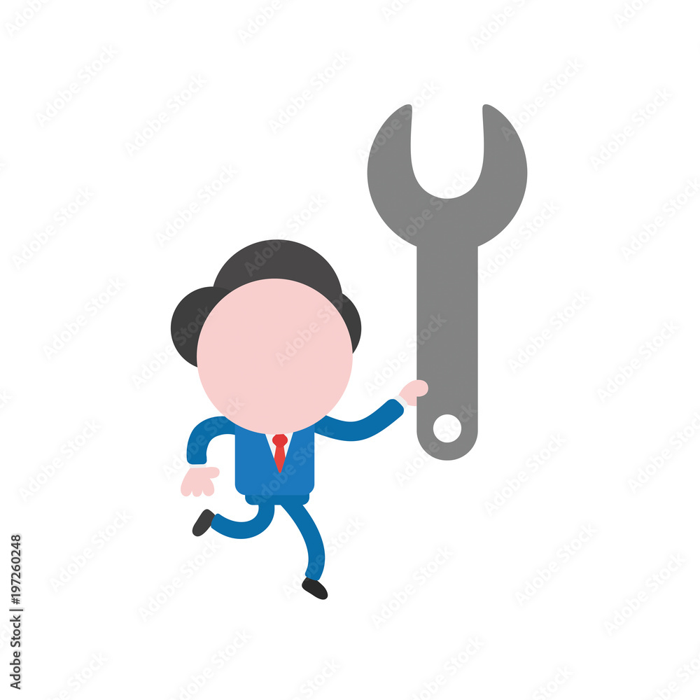 Vector illustration businessman character running and holding spanner Vector illustration businessman character running and holding spanner
