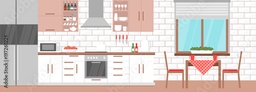 Vector illustration of modern kitchen interior with table, stove, cupboard, dishes in light colors, flat design.