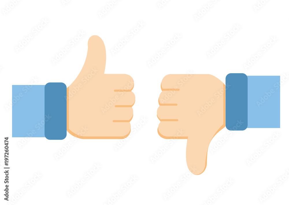 Vector illustration of like and dislike icons. Thumbs up and thumbs down symbols on white background in flat style. Vector illustration of like and dislike icons. Thumbs up and thumbs down symbols on white background in flat style.