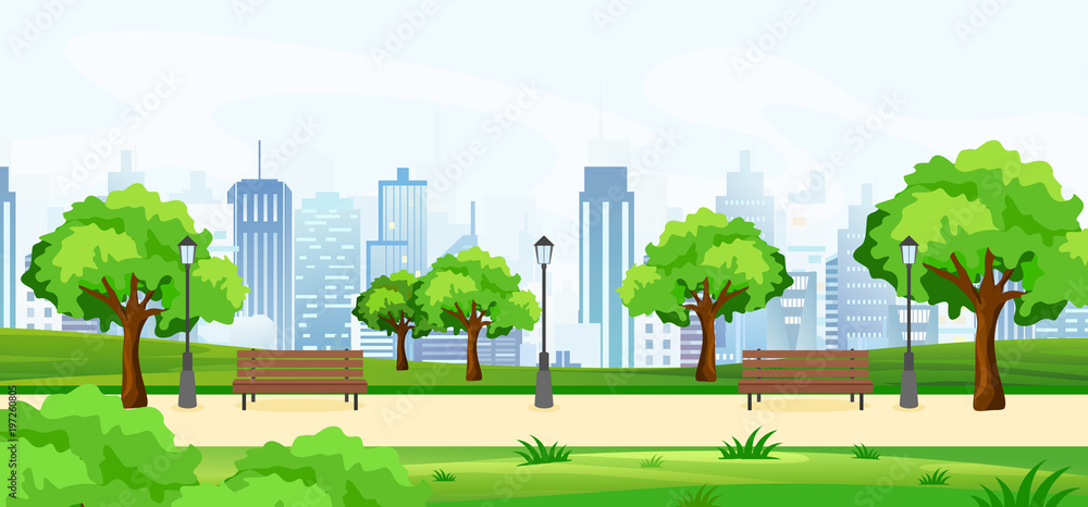 Vector illustration of a beautiful summer park, with green trees and  benches, panoramic view on big modern cityscape with skyscrapers. Flat  cartoon style. Stock Vector | Adobe Stock