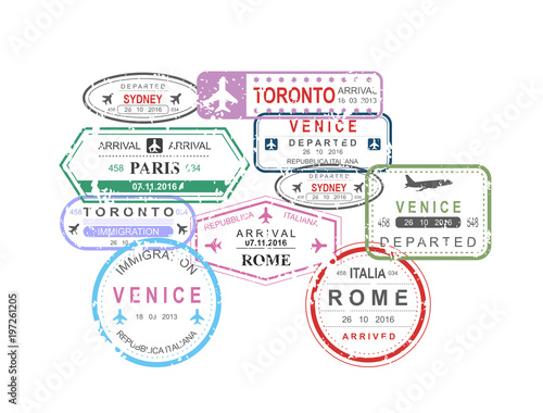 Vector illustration of International travel visa passport stamps in car shape composition on white background, travel concept.
