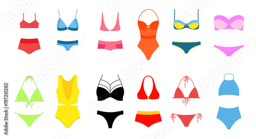 Vector illustration of women s bikini set, collection of bright colors swimsuit in flat design on white background. Modern, fashion vintage bikini.