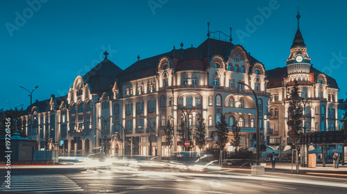 Illuminated hotel in Oradea, Romania