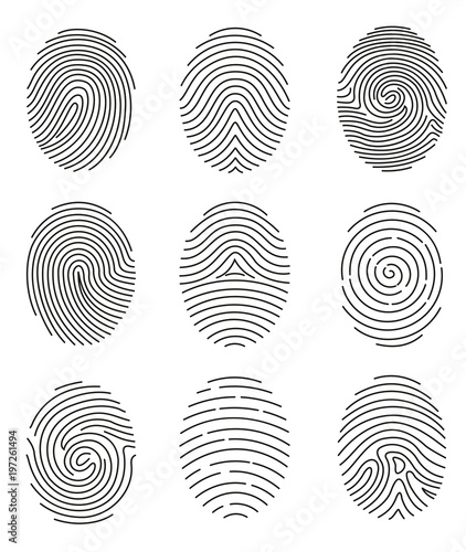 Vector illustration set of different shape fingerprint in line style on white background.