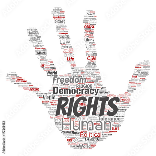 Vector conceptual human rights political freedom, democracy hand print stamp word cloud isolated background. Collage of humanity tolerance, law principles, people justice or discrimination concept