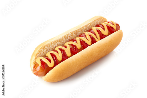 Hot dog with ketchup and mustard on white