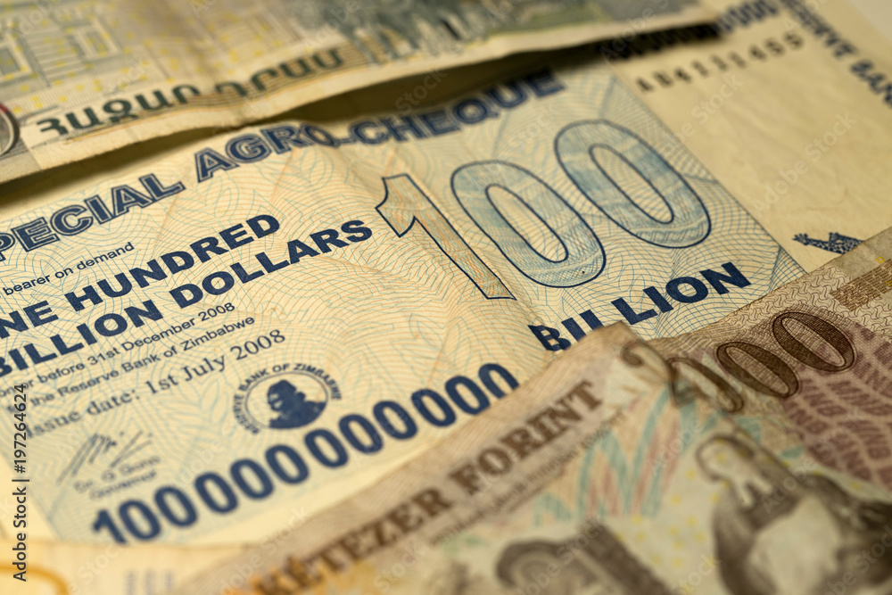 Unique Zimbabwe hyperinflation Banknote one hundred billion Dollars in the Detail, 2008 Unique Zimbabwe hyperinflation Banknote one hundred billion Dollars in the Detail, 2008