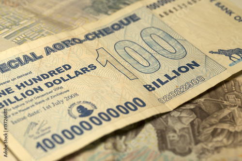 Unique Zimbabwe hyperinflation Banknote one hundred billion Dollars in the Detail, 2008 photo