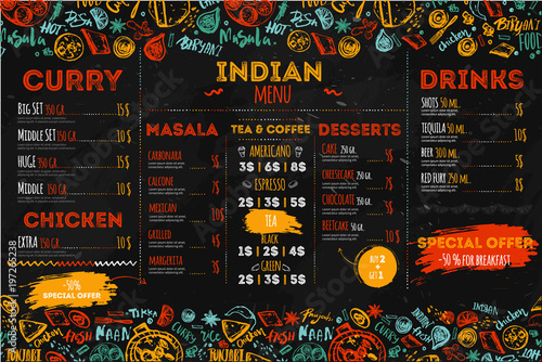 Hand drawn Indian food menu design with rough sketches and lettering. Can be used for banners, promo