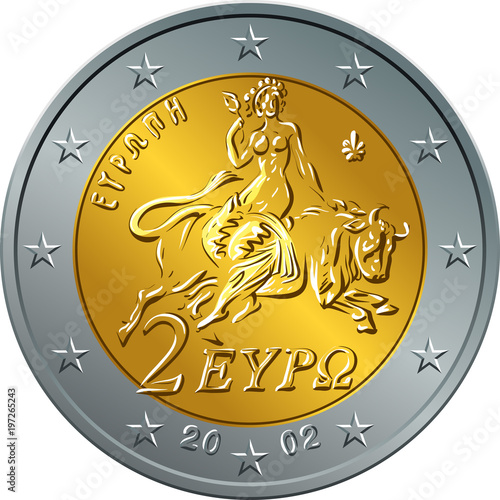 Greek money gold and silver coin two euro with the image of The abduction of Europa by Zeus in the form of a bull