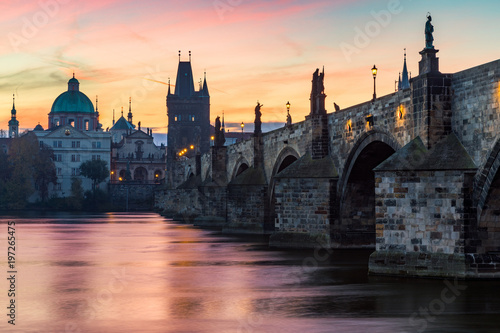 Famous iconic image of Charles bridge  Prague  Czech Republic. Concept of world travel  sightseeing and tourism.