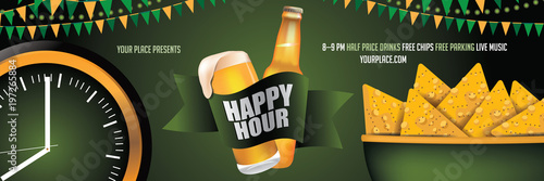 Happy hour banner background design with beer and tortilla chips. EPS10 vector illustration.